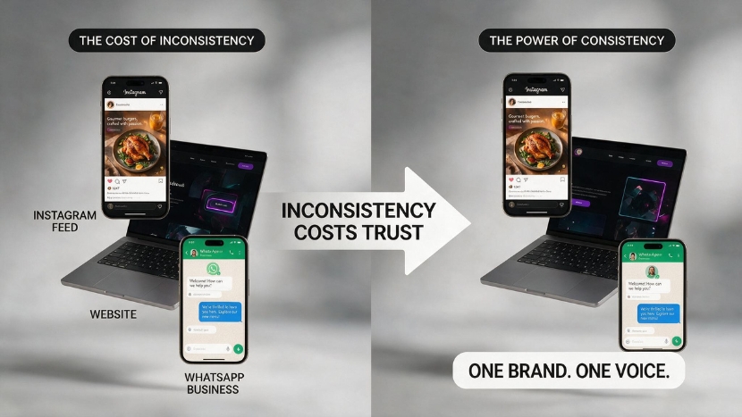 Comparison of an inconsistent brand across Instagram, website and WhatsApp versus one consistent brand voice