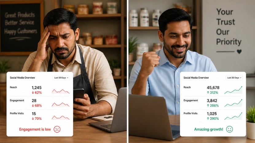 Illustration of a shop owner worried about falling social media numbers next to a pleased owner with rising numbers